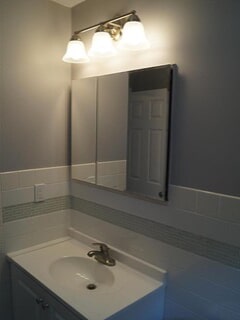 view of sink, mirror and lights after renovation