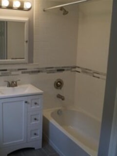 view of bathtub, sink and mirror
